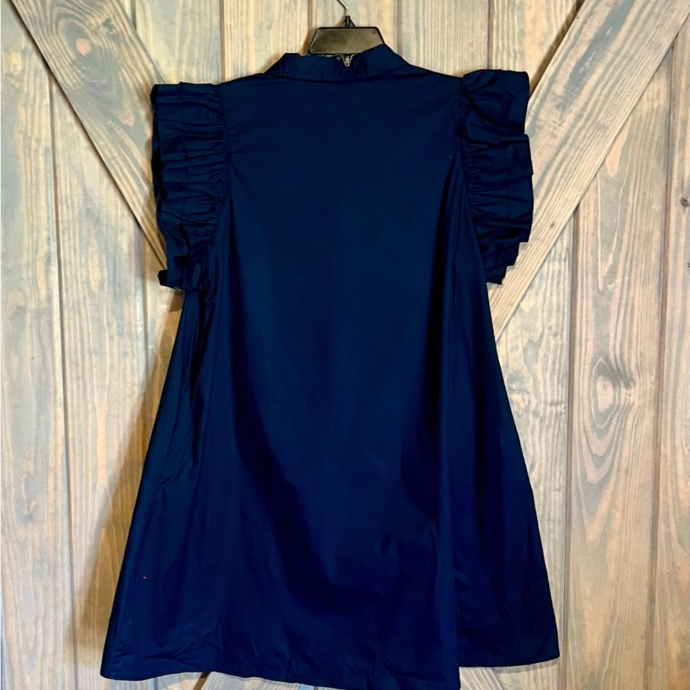 Crown & Ivy Navy Button-Up Dress with ruffled sleeves and pockets. - Picture 2 of 3